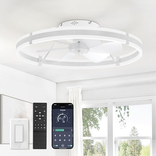 ZMISHIBO 24 Inch Ceiling Fans with Lights and Remote, Modern Low Profile Ceiling Fan, 3000-6000K Dimmable Flush Mount LED Fan Light, 6 Wind Speeds, Fandelier Ceiling Fans for Bedroom- White