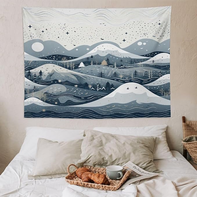 MaSiledy Snow Mountain Scandinavian Winter Tapestries Vintage Christmas Tapestries for Bedroom Aesthetic Landscape Tapestry Wall Art for Home Decor 60"x80" Xmas Wall Hanging Polyester Tapestries