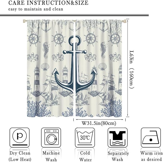 Nautical Anchor Curtains, Vintage Sailboat Ocean Coastal Lighthouse Window Drapes, Navy Blue Coral Shell Seahorse Beach Print Blackout Window Treatments for Living Room Bedroom 63x63in