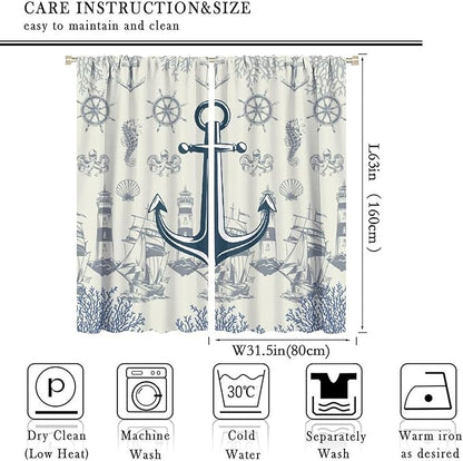 Nautical Anchor Curtains, Vintage Sailboat Ocean Coastal Lighthouse Window Drapes, Navy Blue Coral Shell Seahorse Beach Print Blackout Window Treatments for Living Room Bedroom 63x63in