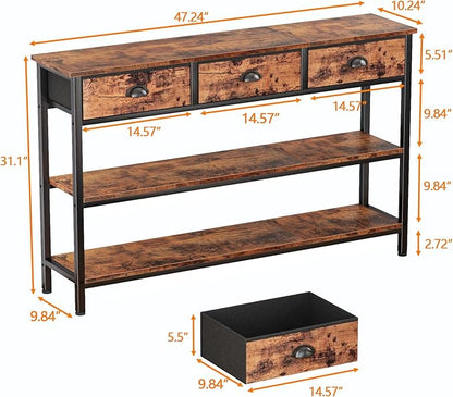 Furologee Long 47" Console Sofa Table with 3 Drawers, Entryway Table with 3-Tier Storage Shelves, Industrial Display Shelf for Entry Way, Hallway, Couch, Living Room, Kitchen, Foyer, Rustic Brown