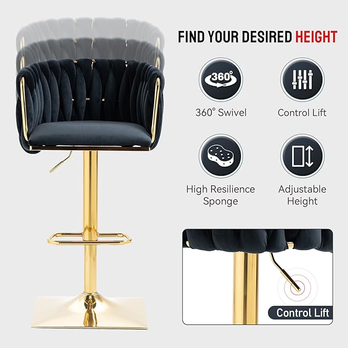 NIOIIKIT Bar Stool Set of 2, Velvet Upholstered Swivel Barstool, Counter Height Chair with Hand Woven Backrest, Dining Barstool with Footrest, Bar Chair for Kitchen Island, Pub (Black)