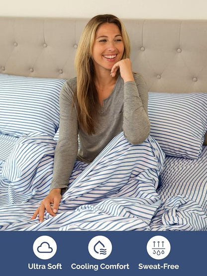 Extra Deep Twin XL Sheet Set - 4 Piece Breathable and Cooling Sheets - Hotel Luxury Bed Sheets Set - Easy Fit - Soft, Wrinkle Free and Comfy Sheets Set - Blue Striped Sheet Set with Extra Deep Pockets