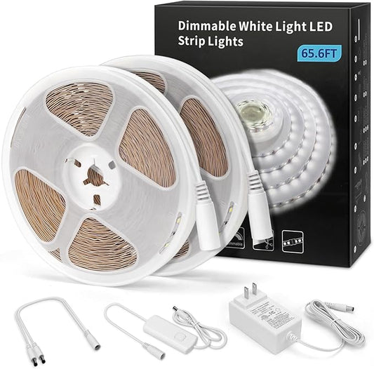 MYPLUS 65.6FT White Strip Lights, Dimmable LED Tape Light 6500K Bright Daylight White, Flexible Under Cabinet Lights with 1200 LEDs and UL Listed Safety Power Supply for Room,Kitchen and décor