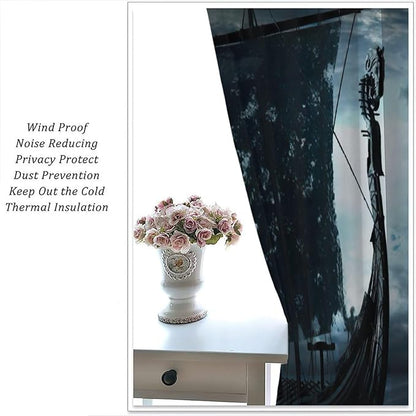 Viking Ship Curtains, Night Scene with Black Vikings Dragon Ship Sailing, Vintage Ancient Scandinavian Nautical Print Blackout Window Drapes for Boys Bedroom Living Room 72x63in