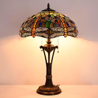 Tiffany Table Lamp Brown Yellow Stained Glass Desk Lamp 16X16X24 Inches Dragonfly Style Reading Light