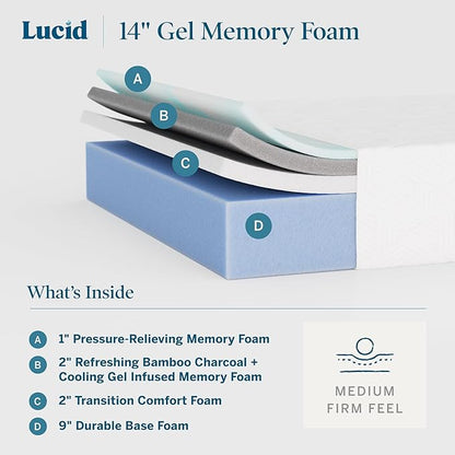 Lucid 14 Inch Memory Foam Mattress - Medium Firm Feel - Infused with Refreshing Bamboo Charcoal and Cooling Gel - Bed in a Box - Temperature Regulating - Pressure Relief - Breathable - Twin XL Size