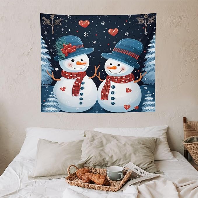 Tapestry Snowman Couple Wall Hanging Wall Tapestry Aesthetic Winter Snowflake Cute Cartoon Funny Snowman Wall Tapestries Wall Hanging Decor Tapestry for Bedroom Aesthetic Alt Room Landscape 50"x60"