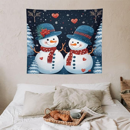 Tapestry Snowman Couple Wall Hanging Wall Tapestry Aesthetic Winter Snowflake Cute Cartoon Funny Snowman Wall Tapestries Wall Hanging Decor Tapestry for Bedroom Aesthetic Alt Room Landscape 50"x60"