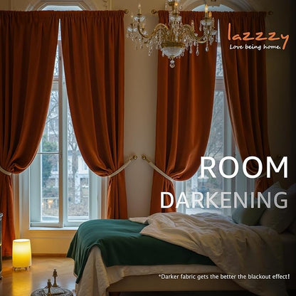 Lazzzy Velvet Blackout Curtains Thermal Insulated Room Window Drapes Super Soft Luxury Curtains for Living Room Bedroom Rod Pocket 2 Panels, Burnt Orange, 52" W x 96" L