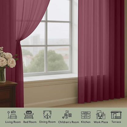 OWENIE Burgundy Sheer Curtain 90 Inches Long 2 Panels Set, Solid Filmy Drapes for Living Room Bedroom, Elegant Window Sheer Curtain Panels Drapes, 2 Pcs, Each 59W x 90L Inch
