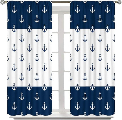 Anchor Pattern Curtains, Nautical Theme Navy Blue White Anchor Sea Life Adventure Print Blackout Window Treatments for Living Room Boys Men's Bedroom 55x63in