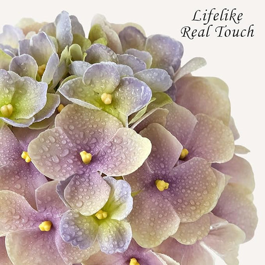 Hydrangea Artificial Flowers, 4PCS 21" Latex Real Touch Vintage Lifelike Silk Flowers,Faux Hydrangea Bouquet Fake Flowers for Wedding Centerpieces Tables Party Outdoor Home (Green/Puple)