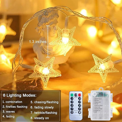 Brightown Star String Lights Battery Operated - 17 ft 50 LED Star Fairy String Lights with Remote and Timer, 8 Modes Waterproof for Bedroom Tent Loft Bed Patio Party Wedding Decor, Warm White