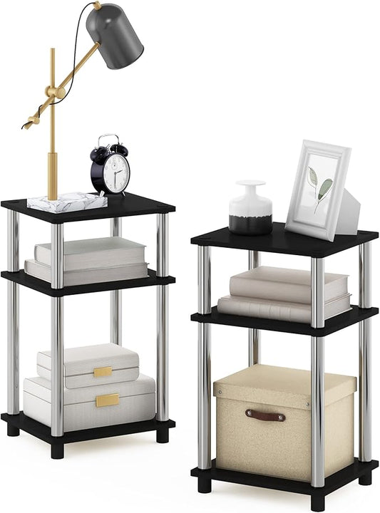 Furinno Simplistic End Side Night Stand/Bedside Table with Stainless Steel Tubes, 2-Pack, 2-Tier Poles, Americano/Chrome