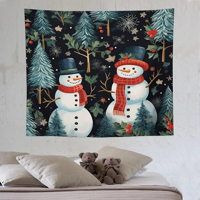 Wall Tapestry Snowman Couple Tapestry Vintage Christmas Cute Snowman Tapestry Vintage Aesthetic Tapestries Wall Art for Bedroom Living Room Decor Home Decor 50"x60" Christmas Family Party