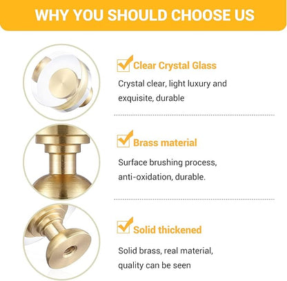 12-Pack 1-1/4-Inch White Cabinet Glass Crystal Brass knobs Brass Drawer Round Knobs Dresser Pulls, Gold Hardware Kitchen Closet knobs for Bifold Doors