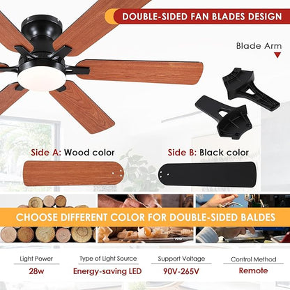 Ceiling Fans with Lights- 52" Low Profile Indoor Ceiling Fan with Light and Remote/APP Control, Flush Mount, 6 Blade, LED Dimmable DC Reversible Modern Ceiling Fan for Bedroom（Brown）