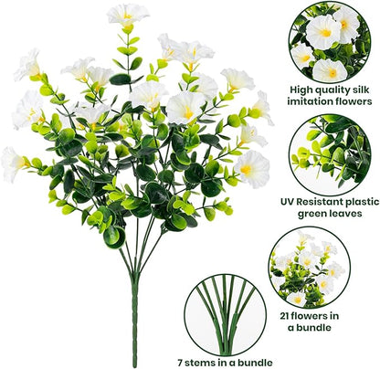 Artificial Faux Flowers for Outdoor 16 Bundles Boxwood Fake Morning Glory for Planter,UV Resistant Fake Flowers for Home Porch Patio Outside（White）