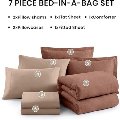 Monbix California King Comforter Set - 7 Pieces Cationic Dyeing Terracotta Bed in a Bag Cal King Bed Sets with Comforter, Sheets, Pillowcases & Shams, Reversible Bedding Comforters Sets (108 * 92)
