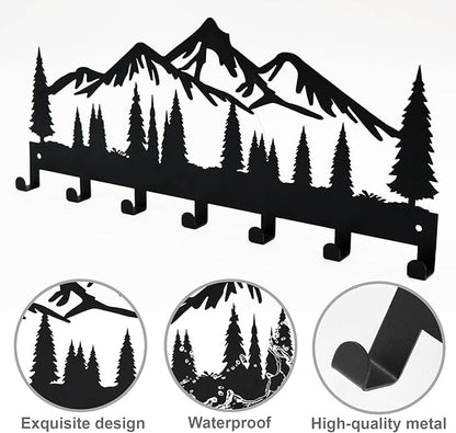 Key Holder for Wall, Metal Wall Hooks Organizer Rack with 7 Hooks for Keys, Coats, Bags – Decorative Home Decor for Entryway, Hallway, Kitchen, Living Room (12 Inches, Mountain)