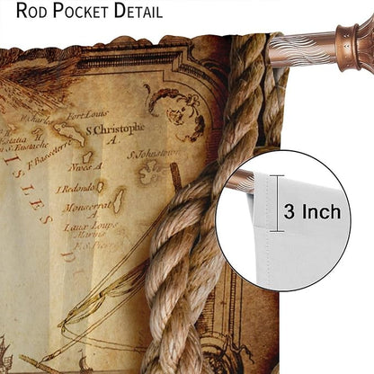 Pirate Map Curtains, Nautical Theme Old Ancient Treasure Map Secret Sea History Pattern Blackout Window Drapes for Kids Boys Bedroom Living Room 72x63in