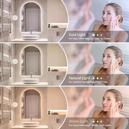 Niccy Arched LED Bathroom Mirror, 40x30 Inch Arch Frameless Backlit Mirrors for Wall Arched Lighted Vanity Mirrors Defogger and 3 Color, Explosion-Proof, HD Glass and IP65 Waterproof