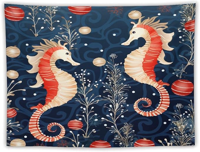 MaSiledy Seahorse Christmas Kiss Beach Tapestry As Wall Art Coastal Nautical Vintage Aesthetic Tapestry Wall Hanging Landscape Tapestry Wall Decor for Bedroom Living Room Dorm 60"x80"