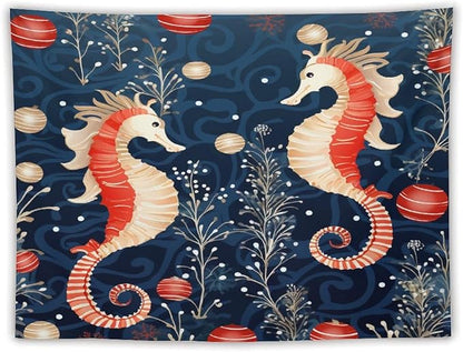 MaSiledy Seahorse Christmas Kiss Beach Tapestry As Wall Art Coastal Nautical Vintage Aesthetic Tapestry Wall Hanging Landscape Tapestry Wall Decor for Bedroom Living Room Dorm 60"x80"