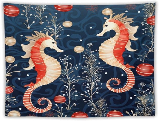 MaSiledy Seahorse Christmas Kiss Beach Tapestry As Wall Art Coastal Nautical Vintage Aesthetic Tapestry Wall Hanging Landscape Tapestry Wall Decor for Bedroom Living Room Dorm 60"x80"