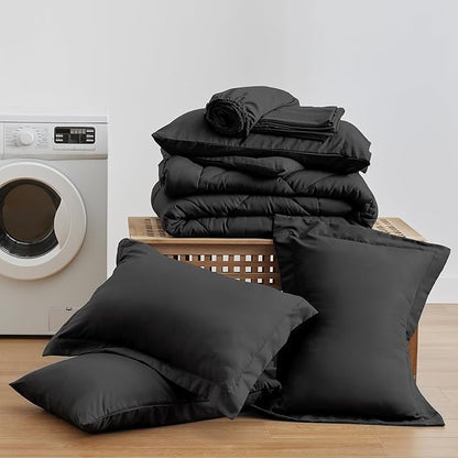 Love's Cabin Oversized Queen Comforter Set, 7 Pieces Queen Bed in a Bag, All Season Bedding Sets with 1 Comforter, 1 Flat Sheet, 1 Fitted Sheet, 2 Pillowcase and 2 Pillow Sham, Black