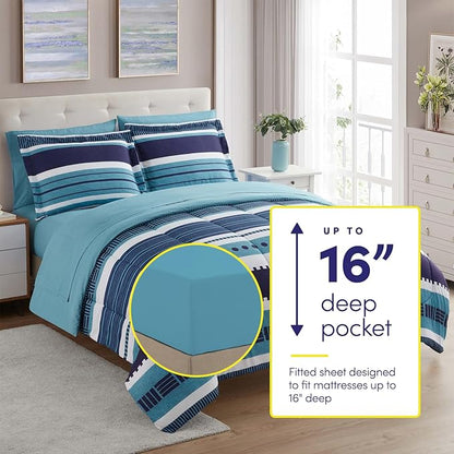 Sweet Home Collection 7 Piece Comforter Set Bag Solid Color All Season Soft Down Alternative Blanket & Luxurious Microfiber Bed Sheets, Marino, Full