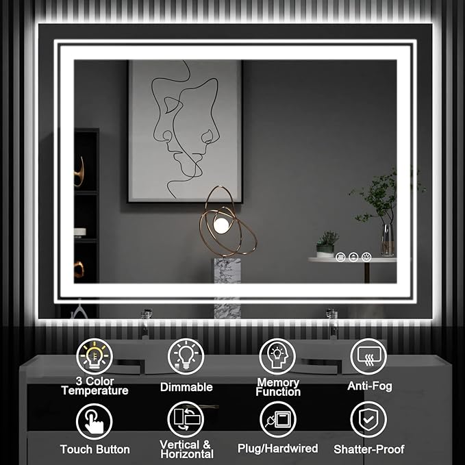 LED Bathroom Mirror, 72"X32" with Front and Backlit, Anti-Fog, Large Bathroom Vanity Mirror for Wall, Memory Function, Stepless Dimmable, Tempered Glass (Horizontal/Vertical)