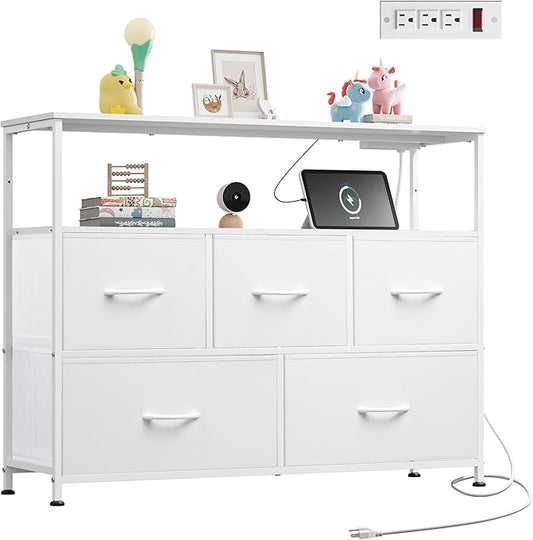 WLIVE White Dresser for Bedroom, 5 Drawer Dressers with Charging Station, Fabric Chest of Drawers with Open Shelves, Storage Dresser for Living Room, Closet, Entryway