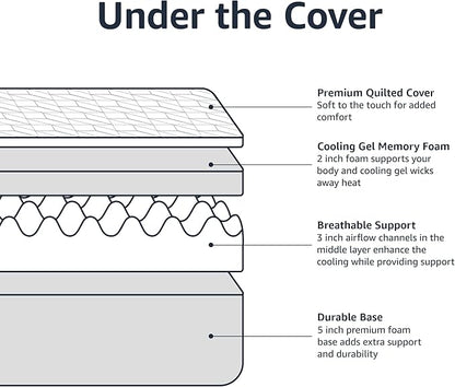 Amazon Basics Memory Foam Mattress, Medium Firm, Cooling Gel, Full Size Mattress, CertiPUR-US® Certified Foam, 75 x 54 x 10 inches, White/Gray