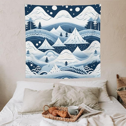 MaSiledy Snow Mountain Scandinavian Winter Tapestries Happy Winter Holiday Wall Art Tapestry for Bedroom Aesthetic Landscape Tapestry Wall Hanging for Bedroom Living Room Dorm Decor 60"x60"