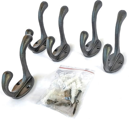 5 Pack Decorative Cast Iron Heavy Duty Double Hooks, Wall Mounted Coat Hooks, Vintage Inspired (Antique Black) (Cornish Hook)