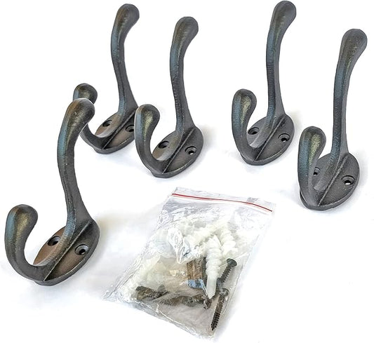 5 Pack Decorative Cast Iron Heavy Duty Double Hooks, Wall Mounted Coat Hooks, Vintage Inspired (Antique Black) (Cornish Hook)
