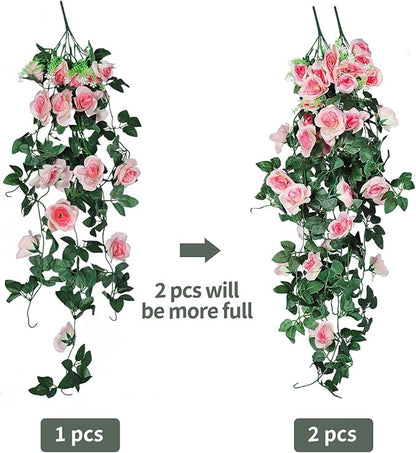 RECUTMS 2pcs Artificial Hanging Plants 32 in Fake Plant Ivy Vine Outdoor UV Resistant Plastic (Champagne)