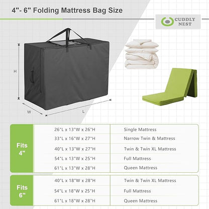 Cuddly Nest Folding Mattress Storage Bag - Heavy Duty Carry Case for Tri-Fold Guest Bed (Fits 4" Full Mattress, Black)
