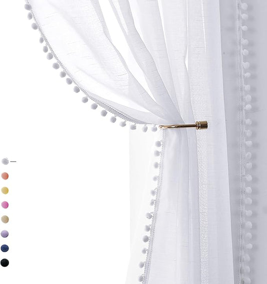 Treatmentex Snow White Sheer Curtains 95" Bedroom Decorative Pompom Trimmed Voile Window Curtain for Living Room Linen Look 2 Panels