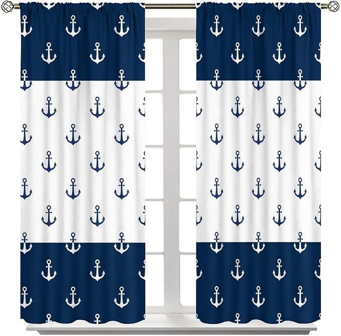 Anchor Pattern Curtains, Nautical Theme Navy Blue White Anchor Sea Life Adventure Print Blackout Window Treatments for Living Room Boys Men's Bedroom 42x45 Inch