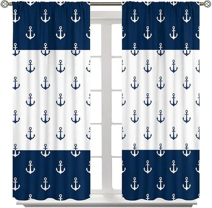 Anchor Pattern Curtains, Nautical Theme Navy Blue White Anchor Sea Life Adventure Print Blackout Window Treatments for Living Room Boys Men's Bedroom 42x45 Inch