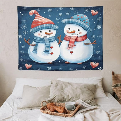 Tapestry Snowman Couple Wall Art Tapestry for Bedroom Aesthetic Cute Snowman with Hat And Scarf Tapestry As Wall Art Home Decor for Room Landscape 30"x40" Tapestries Winter Snowflake Decorative