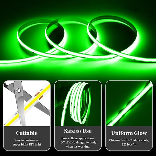 iNextStation COB LED Strip Light Green 16.4FT 5M, DC12V CRI 93+ Dimmable Flexible LED Tape Lights for Bedroom, Kitchen, TV Backlight, Cupboard, Wardrobe, Home Lighting Decor