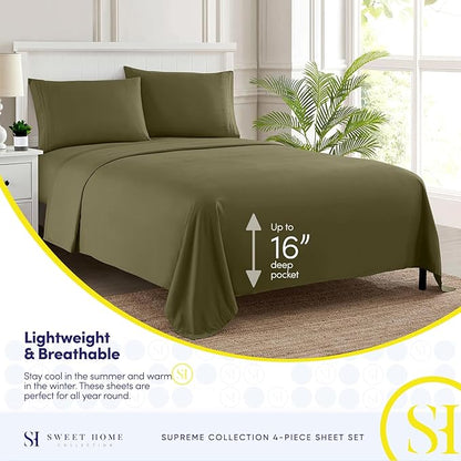 Queen Size Bed Sheets - Breathable Luxury Sheets with Full Elastic & Secure Corner Straps Built In - 1800 Supreme Collection Extra Soft Deep Pocket Bedding Set, Sheet Set, Queen, Olive