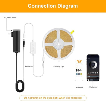 COB LED Strip Lights Natural White,24V Dimmable led Light Strip KIT with Remote and app Control,4000K 9.84FT/3m 8mmwide Ra>90 Cuttable Flexible Strip Lights for Bedroom,TV Lights,Cabinet
