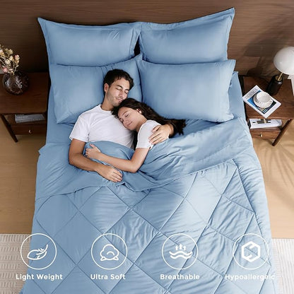 HEVUMYI Light Blue Cali-King Comforter Set - 7-Piece All Season Bed in a Bag Cali-King, Ultra Soft Bedding Set with Comforter, Flat Sheet, Fitted Sheet, Pillowcases, Pillow Shams