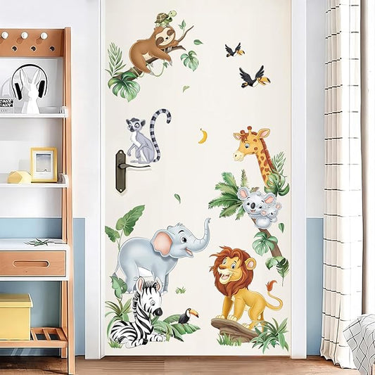 decalmile Jungle Animals Wall Decals Safari Elephant Lion Giraffe Door Wall Stickers Baby Nursery Kids Room Toddler Room Wall Decor