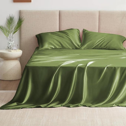 Love's cabin Full Size Satin Sheet Sets - 4 Piece Sage Silky Satin Sheet Set Full with Deep Pocket, Luxury Silk Feel Satin Bed Sheets Full Bedding Set (1 Flat Sheet,1 Fitted Sheet,2 Pillow Cases)